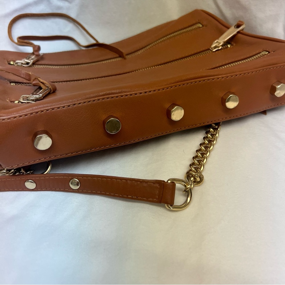 Rebecca Minkoff tan leather crossbody bag with zippers and gold details. - Picture 11 of 13